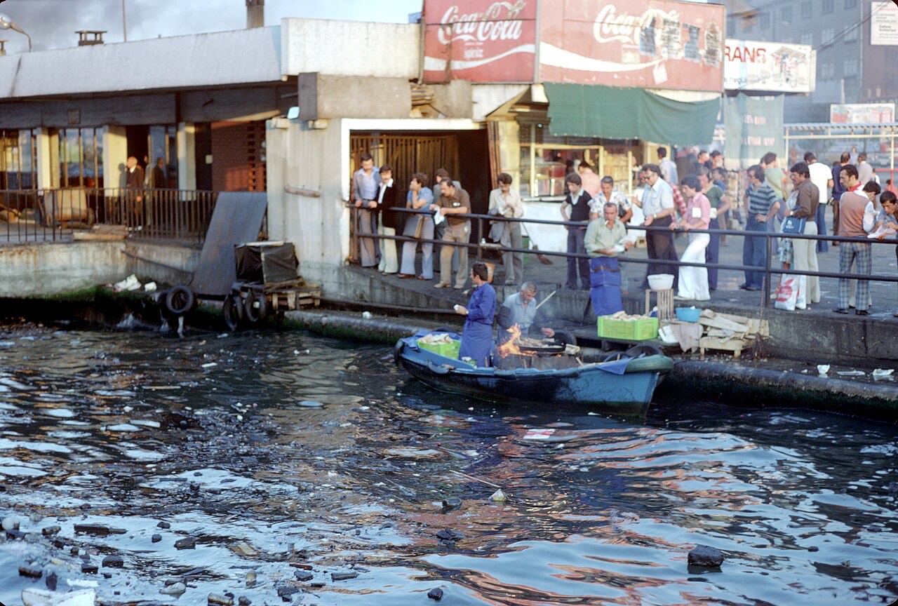 Balik ekmek vendors cooking fish on a boat by the Galata Bridge, Istanbul